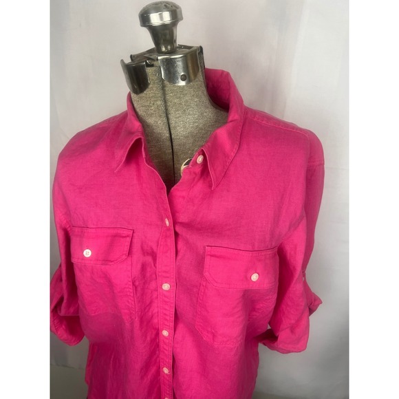 Chaps Classics Womens XL Hot Pink 100% Linen Roll Tab Sleeve Button Up Shirt - Picture 3 of 7